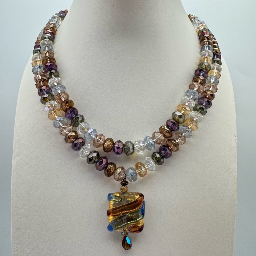 Artisan Multicolor Faceted Glass Bead Necklace w/ Lampwork Pendant